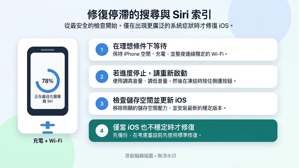讓 iPhone 夜間保持閒置以完成搜尋索引