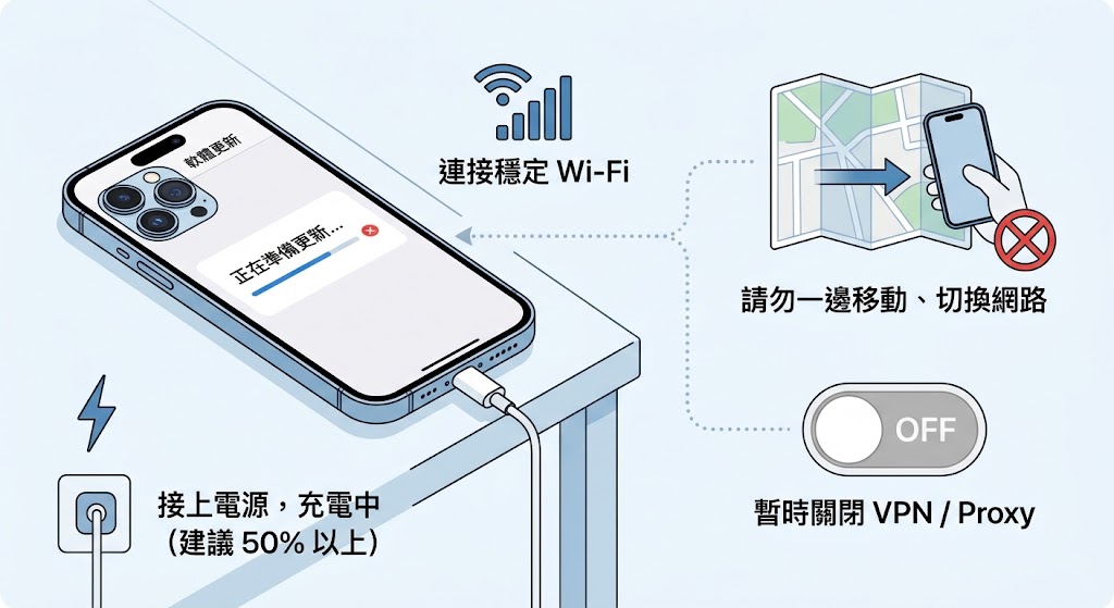 iPhone18 Pro 軟體更新卡住連接穩定 Wi-Fi 與電源